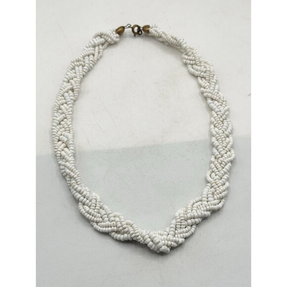 Vintage white milk glass braided beaded necklace - Picture 2 of 4